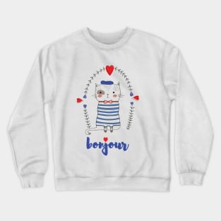 A cute french cat saying bonjour Crewneck Sweatshirt